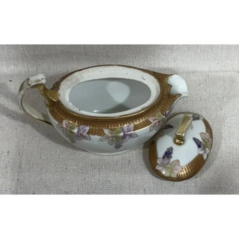 Antique Nippon Hand Painted Wisteria Porcelain Mustard Pot Gold Moriage 1911